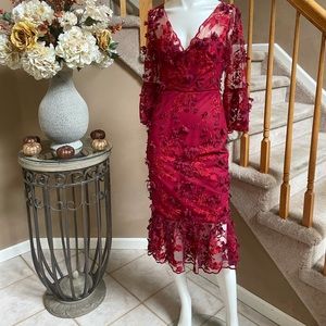 Marchesa Norte - Embroidered MIDI Dress Burgundy Red 3D Flower Lace